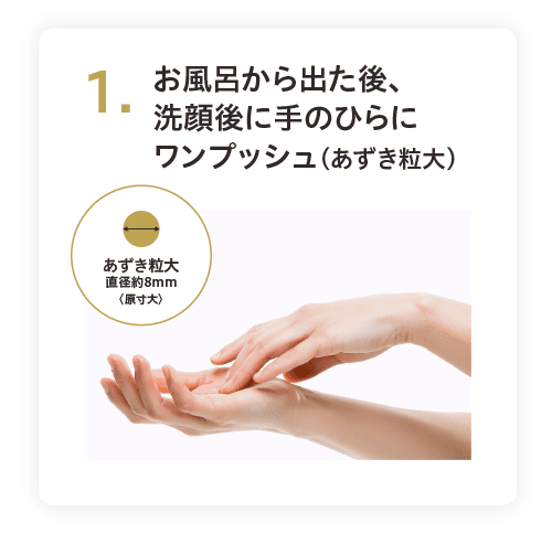 1. お風呂から出た後、洗顔後に手のひらにワンプッシュ（あずき粒大）